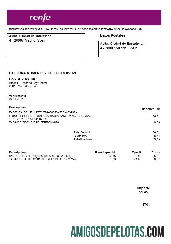 Para baixar modelo de fatura de serviços públicos da Espanha Renfe em formatos Word e PDF